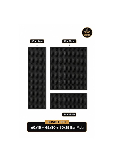 Siliconly 3 Lü %100 Silikon Bar Matı Seti 60x15 + 45x30 + 30x15 Cm Kaydırmaz Mat
