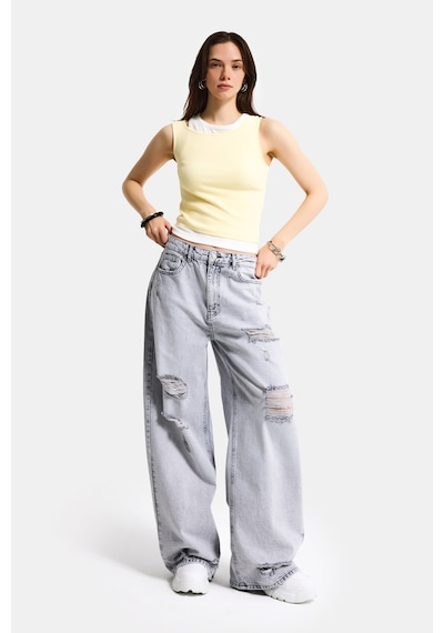 it's basic Kadın Gri 12s6-12 Süper Baggy Fit Yırtık Ve Nakış Detaylı Özel Tasarım Denim Jean