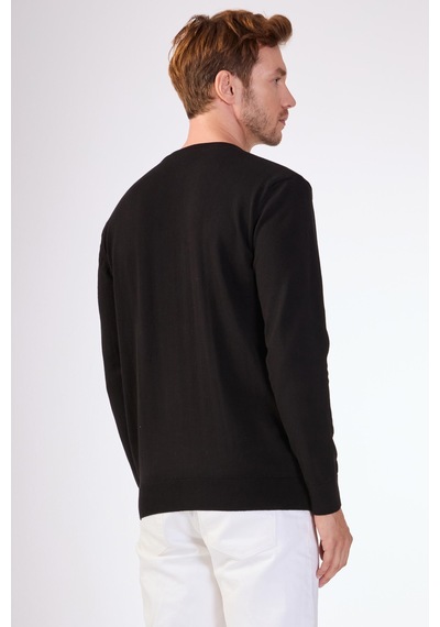 Dufy Siyah Bisiklet Yaka %100 Pamuk Düz Renk Slim Fit Erkek Triko Siyah