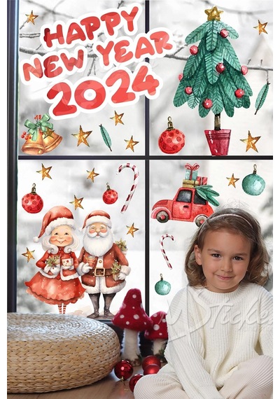 MSticker Hoşgeldin 2024, Happy New Year 2024 Yeni Yıl Kış Konseptli Sevimli Noel Baba Ve Ağaçlar Figürler