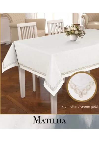 Keten Masa Örtüsü Tablecloth 155x300 Cm Yemek Masası Örtüsü Matilda Model Krem-altın