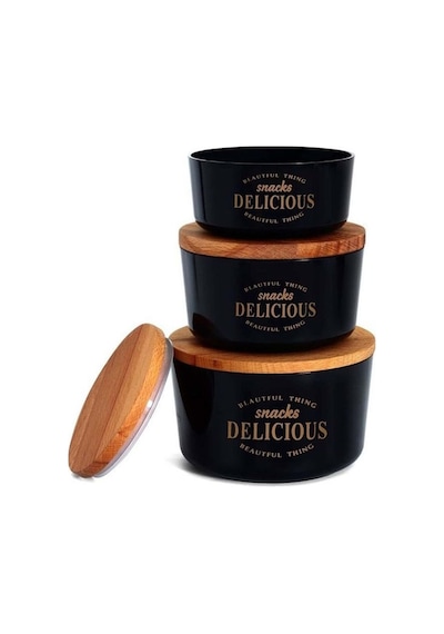 3 Lü Kapaklı Retro Dizayn Saklama Kabı Seti, Bambu Kapaklı, Mika Erzak Saklama Kabı, Bpa, Silikon Contalı Saklama Kutusu Siyah