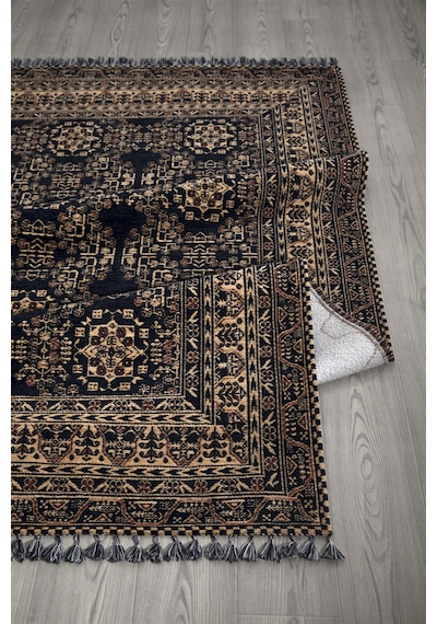 Siyah Renkli Afgan Tarzı Altı Kaymaz Yıkanabilir Şönil Kilim-599