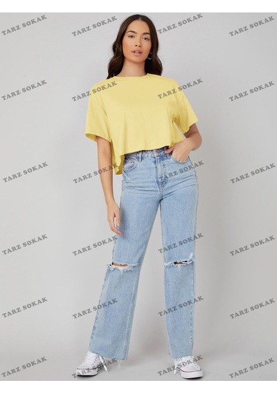 Flood Of Style Crop Ckod-232913 Pamuk Damla Omuz Düz Kısa Sarı