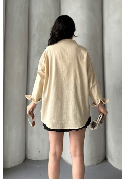 Paw Garage Kadın Harper Çift Cepli Oversize Keten Gömlek, 2025 Summer Collection Taş