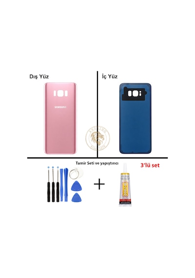 Samsung Galaxy S8 Plus Pembe Renk Arka Kapak + Tamir Seti + B7000 Yapıştırıcı Arka Cam Batarya Kapağı Pil Kapağı Lazer Kesim Back Cover Galaxy S8 Plus Uyumlu