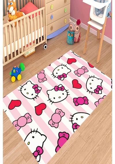 Dijital Baskılı Pembe Hello Kitty Desen Dekoratif Yıkanabilir Kaymaz Taban Çocuk Halısı Çok Renkli