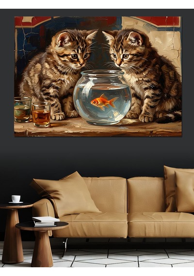 Akvaryumu İzleyen İki Yavru Kedi Dekoratif Kanvas - Mdf Ahşap Tablo