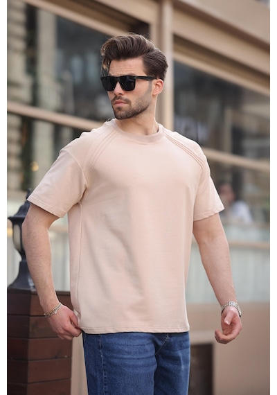Madmext Bej Bisiklet Yaka Basic Erkek T-shirt E7138 Bej