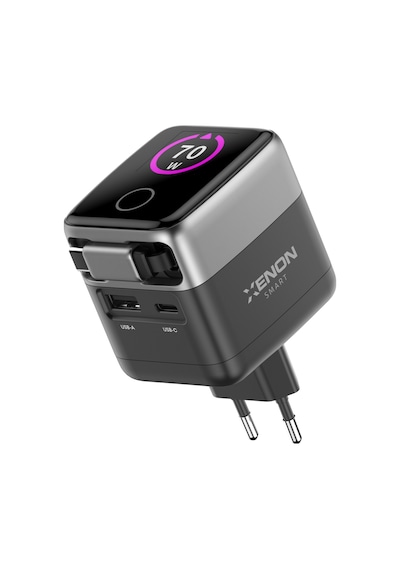 Xenon Smart Hızlı Şarj Adaptörü 70w, Gan, Usb-c & Usb-a, Dahili Type-c Kablo, Pd Pps, Dijital Ekran X6413