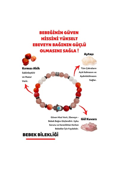 Gümüştel El Sanatları Sertifikalı Bebek Doğal Taş Unisex Tılsım Bilekliği Aytaşı Gül Kuvars Kırmızı Akik Bileklik Çok Renkli