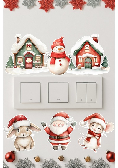 6 Lı Yeni Yıl Temalı Mini Sticker Priz Sticker Yılbaşı Yeni Yıl Mini Boy Sticker Seti 6 Lı Paket 1 Dijital Baskı