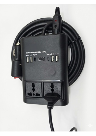 Araç Inverter 150w,çakmak Uzatma Kablosu Çakmaklık,4 Usb,2 Type-c Çıkışlı 12v/16 A /120w 2 X1,5mm Ttr Bakır 5mt-gg25