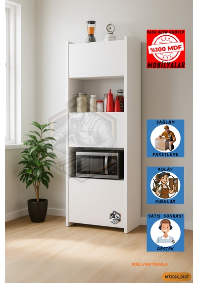 Tamamı Mdf Çok Amaçlı 3 Kapaklı Açık Raflı Mini Fırın Dolabı