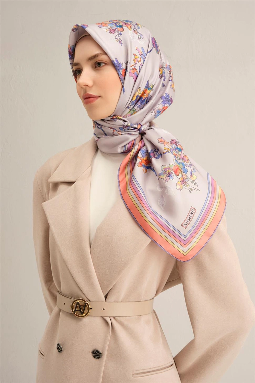 Armine Çiçek Desenli Saf İpek Twill Eşarp 9316d 80 Lila