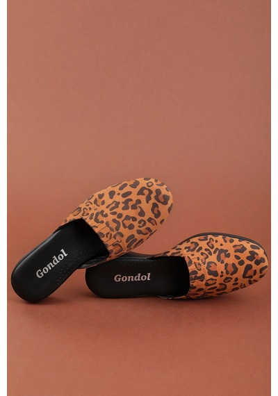 Gondol Kadın İçi Dışı Hakiki Deri Şık Ev Terliği Özl.960 Taba Leopar