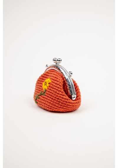 Fabric Craft Bag Bozuk Para Cüzdanı Klipsli Örgü, Çiçek Nakışlı Merserize İplik Kiremit