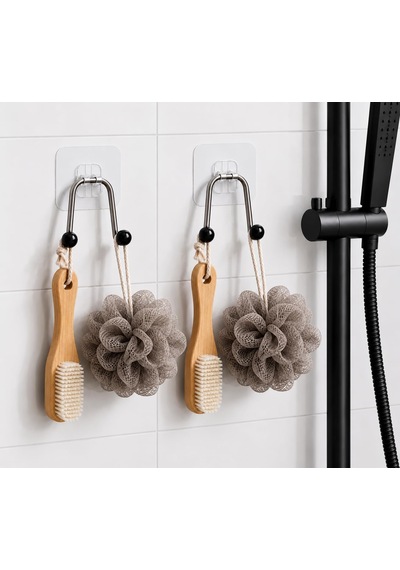 Lexroo Yapışkanlı Çelik Banyo Kancası Delme Gerektirmez Duş Lifi & Fırça Askısı - 2 Adet Çok Renkli