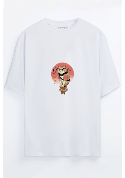 Shinobi Ninja Kedi Baskılı Unisex Beyaz Oversize T-shirt Beyaz Shinobi Ninja Kedi Baskılı Unisex Beyaz Oversize T-shirt Beyaz