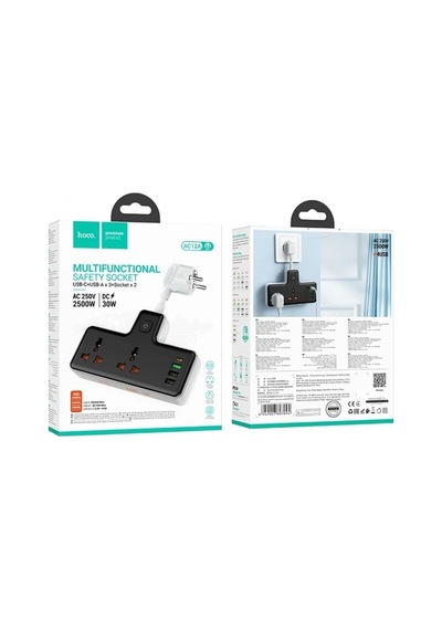Hoco AC12A 2500W 2 Priz + 3 USB + 30W Type-C Multifonksiyonel Priz Çoğaltıcı Şarj Aleti