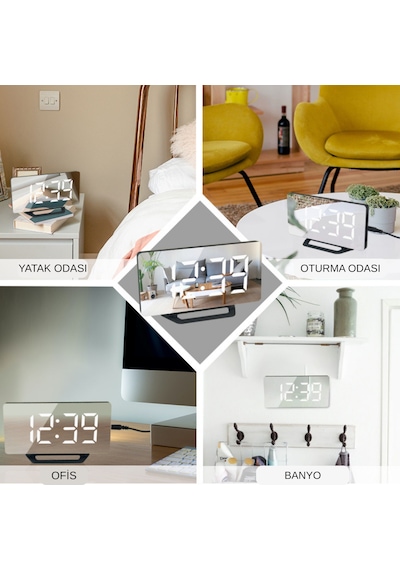 Hpytech Led Aynalı Dijital Masa&duvar Saati Sessiz, Termometre, Usb Şarj,alarm Modern Şık Tasarım