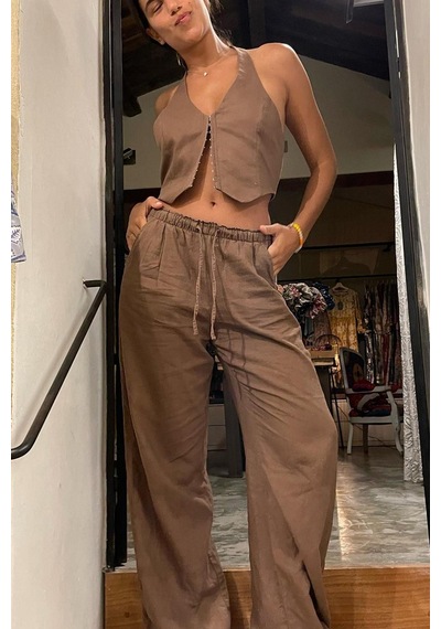 Madmext Kahverengi Beli Büzgülü Wide Leg Kumaş Pantolon Mg1950-kahverengi Kahverengi