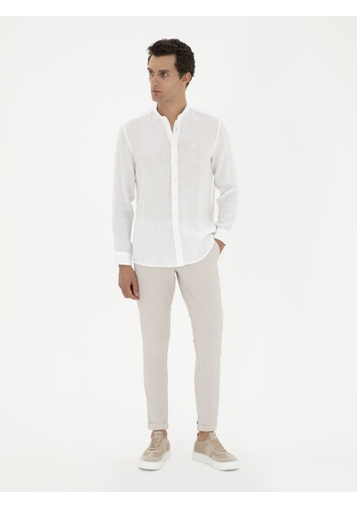 Cacharel Bej Slim Fit Beli Bağcıklı Kanvas Pantolon