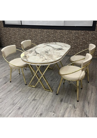 Mutfak Masa Sandalye Takımı Selenit 80-140 Oval Gold 4 Kişilik Mutfak Masası Takımı Gold