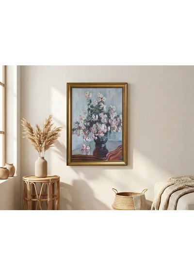 Gold Çerçeveli Nostaljik Vazoda Monet Kasımpatı Çiçekleri Tablosu - Lüx Salon Tablosu