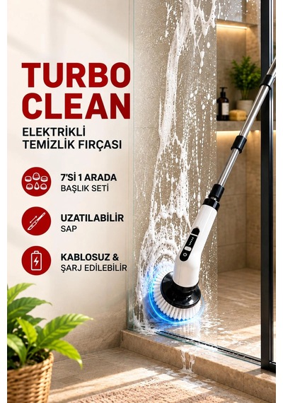 Turbo Clean Elektrikli Temizlik Fırçası 7 Başlıklı Kablosuz Şarjlı Döner Fırça Diğer