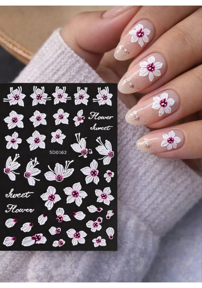 Lexroo 5d Çiçek Desenli Tırnak Sticker, Nail Art Süsleme, Beyaz Ve Pembe Renk, Sweet Flower Serisi
