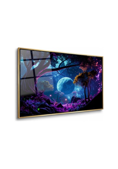 Neon Işıklı Fantastik Orman Gold Çerçeveli Cam Tablo