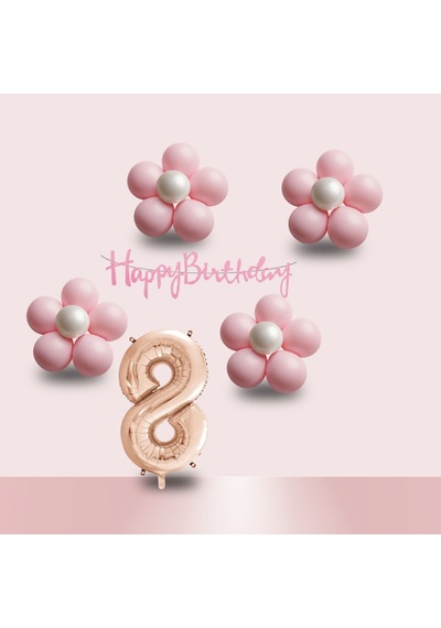 8 Yaş Pembe Papatya Temalı Rosegold Rakam Pembe Happy Birthday Banner Doğum Günü Süsleme