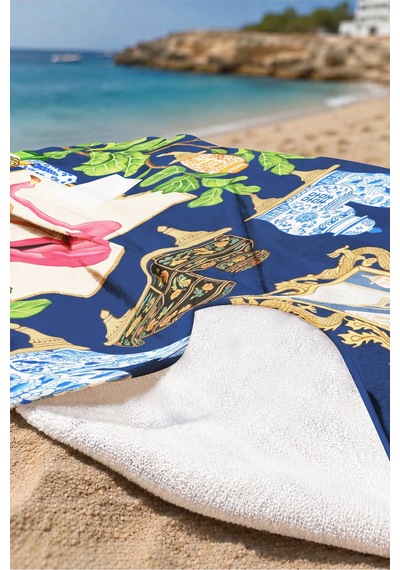 Egzotik Kaplan Temalı Lacivert Plaj Havlusu - Maksimalist Chinoiserie Dekor Mikrofiber Havlu Sakin Zambak