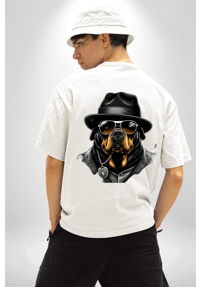 Mafya Rottweiler Beyaz Oversize Unisex Ön Ve Sırt Baskılı Tişört Beyaz