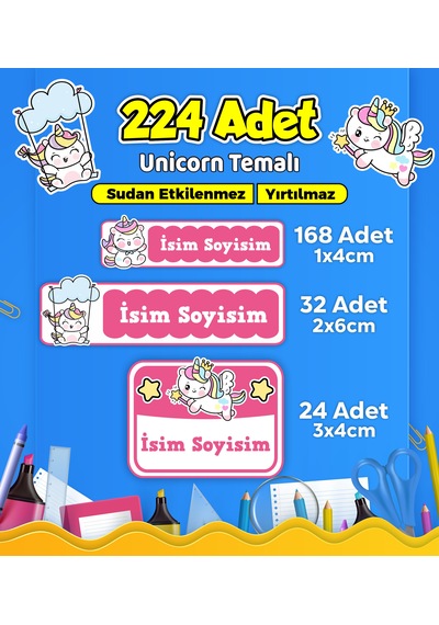 Unicorn Temalı Okul Kreş Kişiye Özel İsim Etiket Seti - Model 569 Çok Renkli