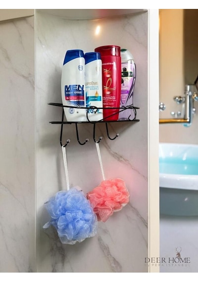 Paslanmaz Siyah Kendinden Yapışkanlı Banyo Düzenleyici Şampuan Duş Jeli Banyo Lif Askılı Raf Siyah