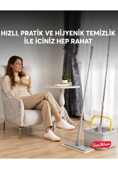 Ceraware Home Care Premium Hijyen Seti Dual System Kare Mop + Pratica Click Mop 2 Mikrofiber Bez 0
