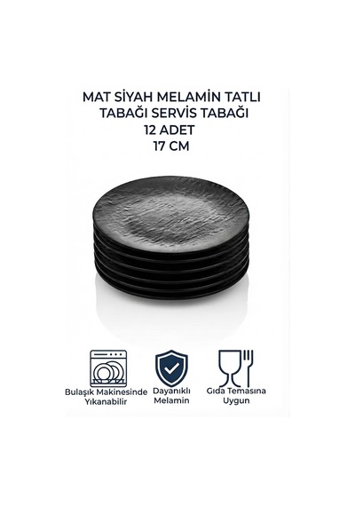 12 Adet Mat Siyah Melamin Tatlı Tabağı Servis Tabağı - Bulaşık Makinesinde Yıkanabilir 17 Cm