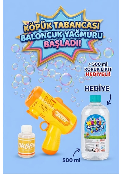 Pilli Otomatik Baloncuk Köpük Tabancası Bubble Gun 500 Ml Köpük Likiti Hediyeli