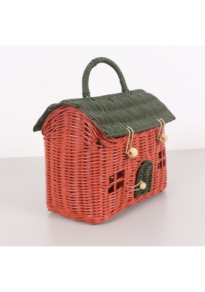 Mylamp Renkli Ev 23x20x13 Cm. Rattan Ev Dekoratif Çanta- Sepet Yeşilkırmızı