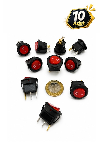 Yuvarlak Anahtar Işıklı Kırmızı 3 Pin 23 Mm 10 Adet Aç Kapa On-off - Switch Buton 6a/250vac 10a/125/250vac