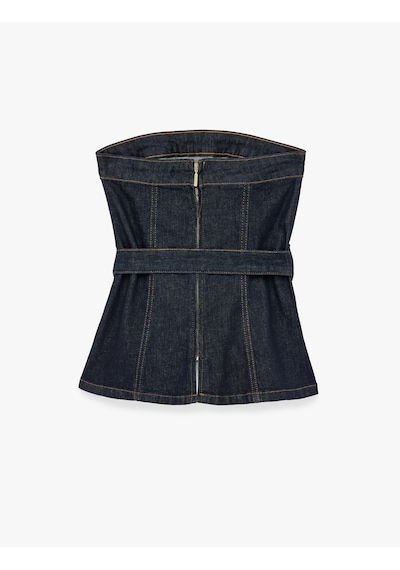 Koton Kolsuz Pamuklu Straplez Yaka Kemer Detaylı Denim Bluz Koyu İndigo 6sal30015md Dark Indigo Koton Kolsuz Pamuklu Straplez Yaka Kemer Detaylı Denim Bluz Koyu İndigo 6sal30015md Dark Indigo