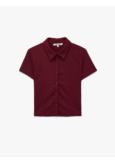 Koton Regular Fit Kısa Kollu Düğmeli Bürümcük Kumaş Polo Yaka Bluz Bordo 7wal60015ık