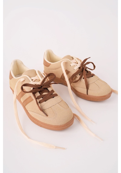 Muggo Taupe Çift Bağcıklı Günlük Kadın Sneaker Spor Ayakkabı Bej