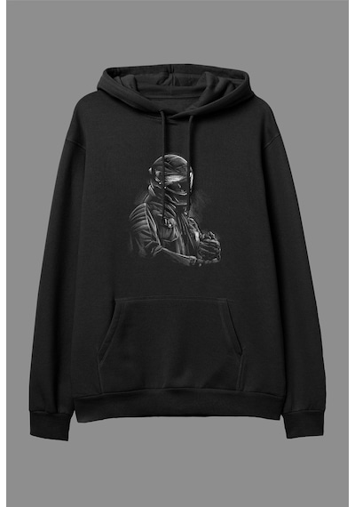 Tarzsokak Oversize Yarış Motor Motorcu Tasarım Baskılı Unisex Kapüşonlu Sweatshirt Hoodie Siyah