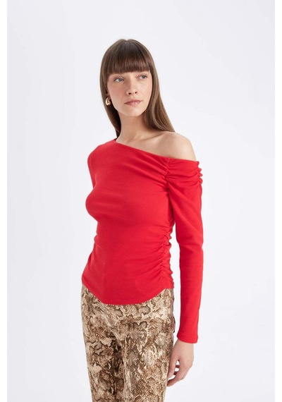 Defacto Kırmızı Slim Fit Dar Kesim Tek Omuzlu Ribana Basic Düz Uzun Kollu Tişört D4970AX24AURD117 Kırmızı