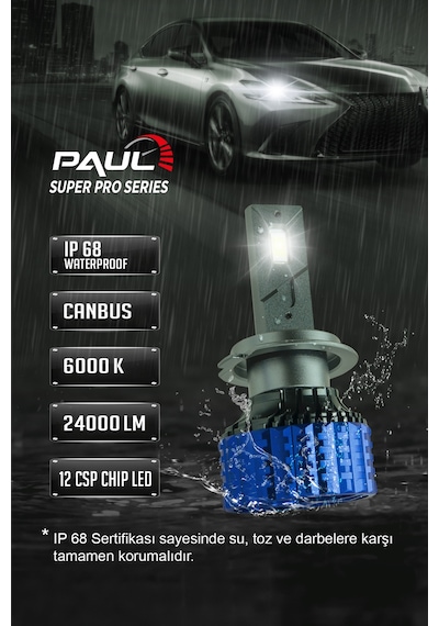 Paul Süper Pro H7 24.000 Lümen Güç Şimşek Etkili Odaklı Ufuk Çizgili Csp Led