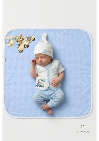 Babyden's Erkek Bebek 3 Lü Set Yenidoğan Bebek Seti, Jakarlı Battaniye, Şapka, Yelek 3-6 AY
