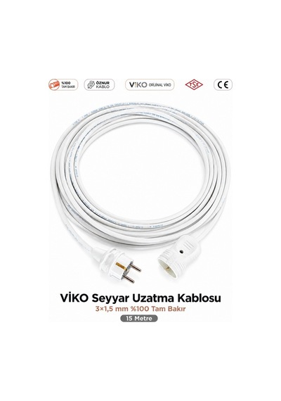 Viko Seyyar Uzatma Kablosu 15m 15 Metre 3x1.5 Mm %100 Bakır Öznur Kablo Viko Erkek Dişi Fiş Klemens Terminalli Topraklı Tse Ce Belgeli 15 M